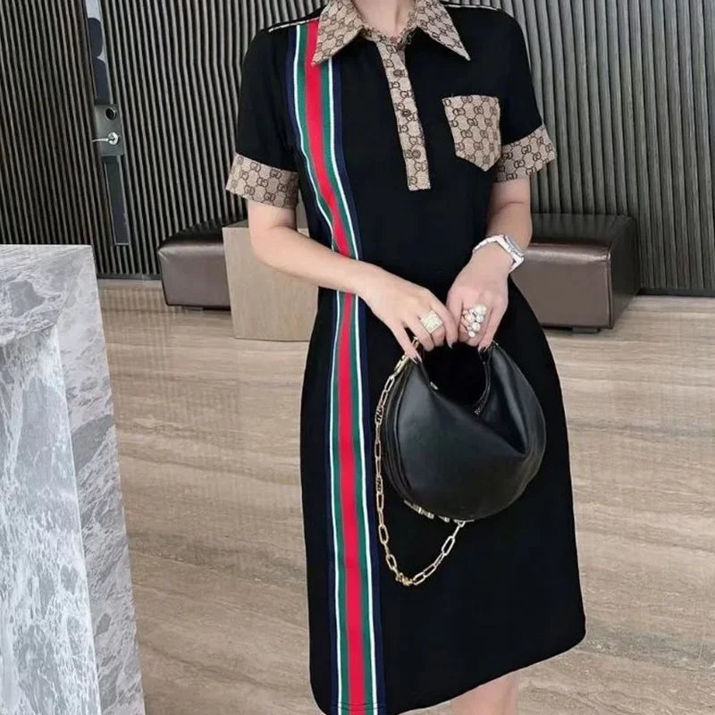 Maxy Female Tunics High Quality Dress Women Summer Korean Fashion Striped Slim Button Pockets Dresses