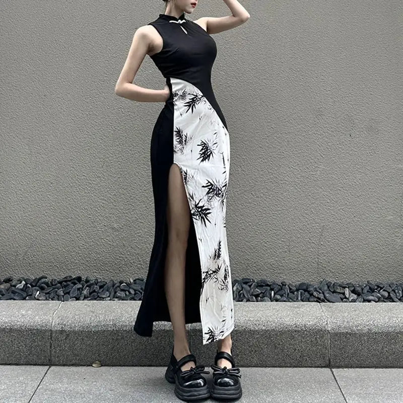 Amay Improved Modern Stand Collar Hollow Stitching Contrasting Color Sleeveless Dress Female Gothic Plate Buckle Slit Cheongsam Dress