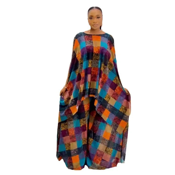 Maxy Two Piece Set Chiffon Africa Clothes For Women African Dashiki Fashion Suit Printed Loose Shawl Top And Wide Leg Pants Suits