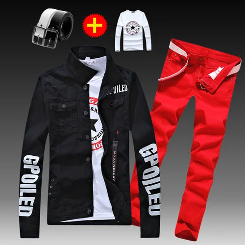 Visco Men's Slim Fit Denim Jacket Pants 2pcs Set Long Sleeve Coats Letters Printed Casual Large Size Black White Red Boys Trousers