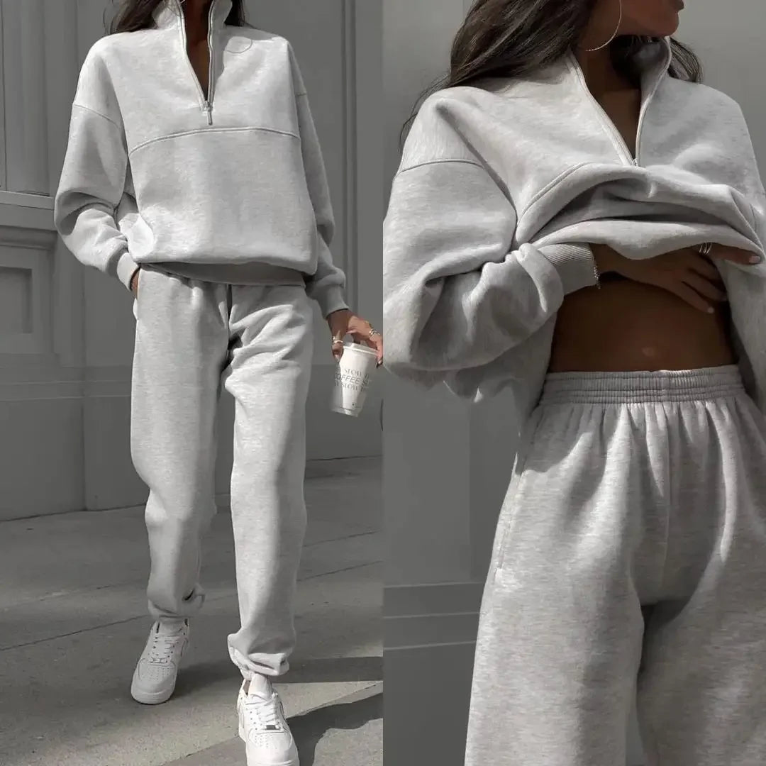 Maxy Casual Pants Sets Woman Autumn Loose Pullovers Zippers Long Sleeve Women's Tracksuit Elastic Waist Solid Trousers Sets All-match