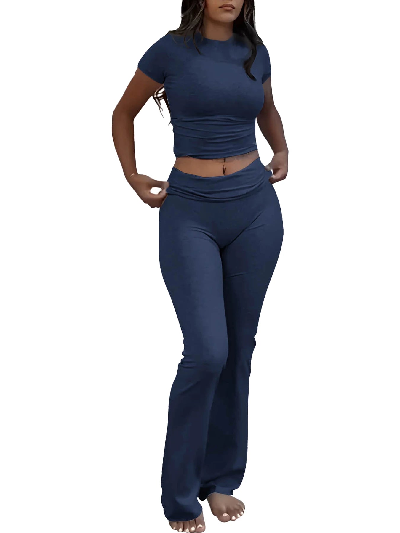 Maxy Casual Workout Two Piece Outfits for Women Short Sleeve Crop High Waist Foldover Flare Pants Tracksuit Sets Streetwear