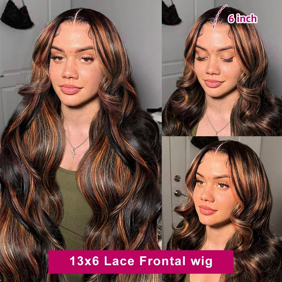 FB/30 Highlight Colored 13X4 13x6 HD Transparent Full Lace Frontal Wigs 200 Density Body Wave Human Hair Wigs For Women  46 Inch