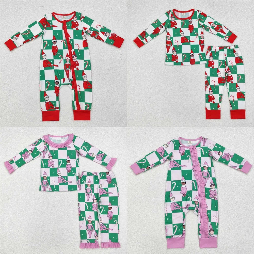 Maxy Winter Fashion Match Children Christmas Cane Green and White Plaid Long Sleeve Long Pants Pajama Set Wholesale Pajamas Romper