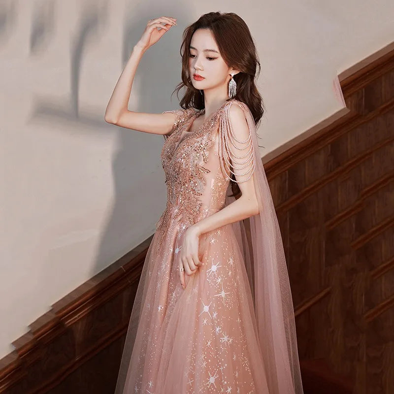 Maxy Summer Women's New Super Immortal Beaded Glitter Celebrity Long Style Banquet Evening Dress Fashion Art Exam Host Dress