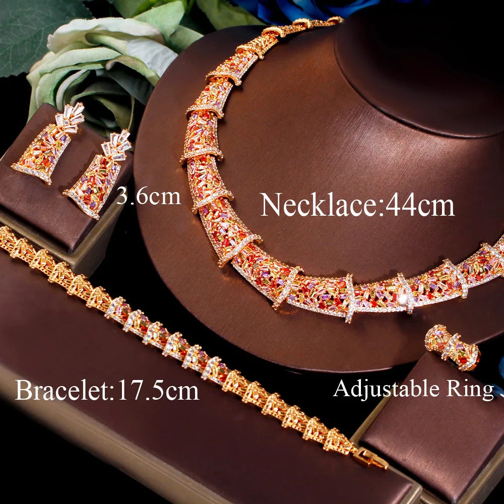 ThreeGraces 4pcs Dubai African Gold Color Elegant Multicolor Cubic Zirconia Bridal Wedding Banquet Jewelry Set for Women TZ732