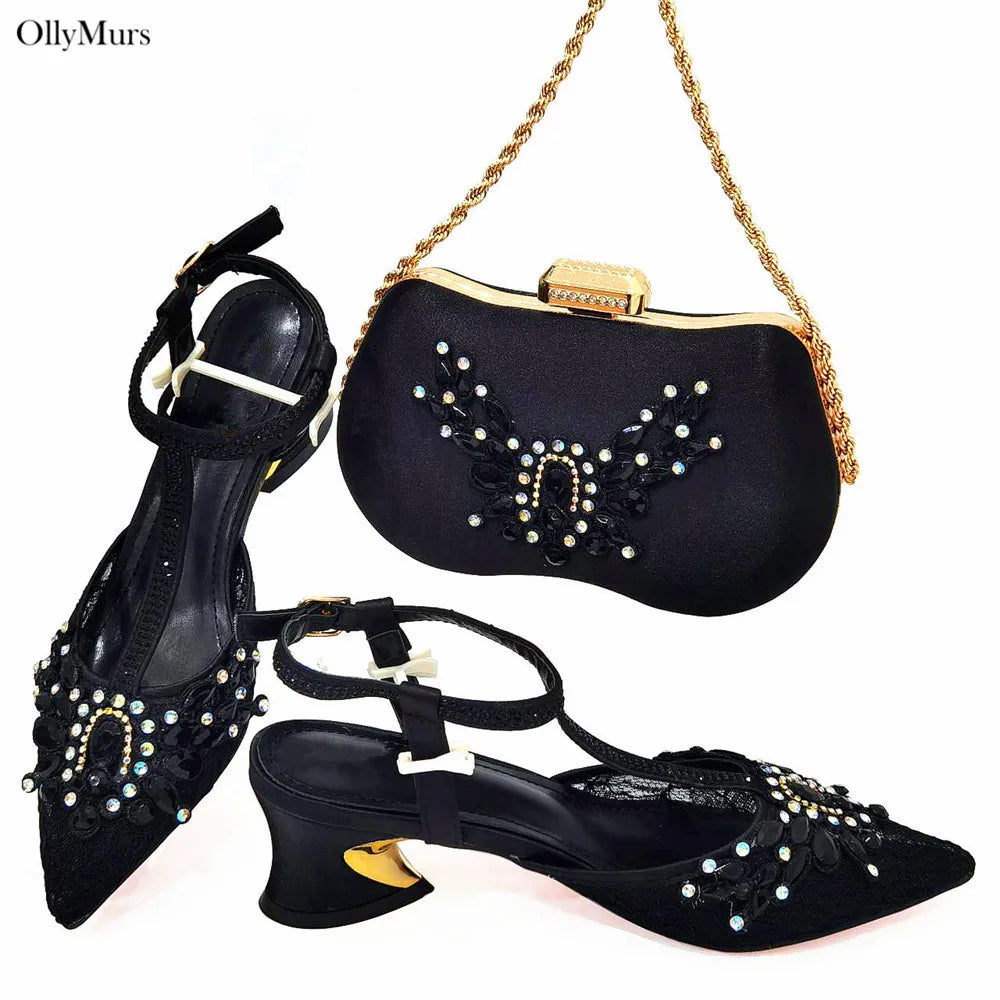 Summer Maxy Rhinestone Shoes and Bags Set Fashion African Woman High Heels Shoes And Bag Set For Wedding Party Dress