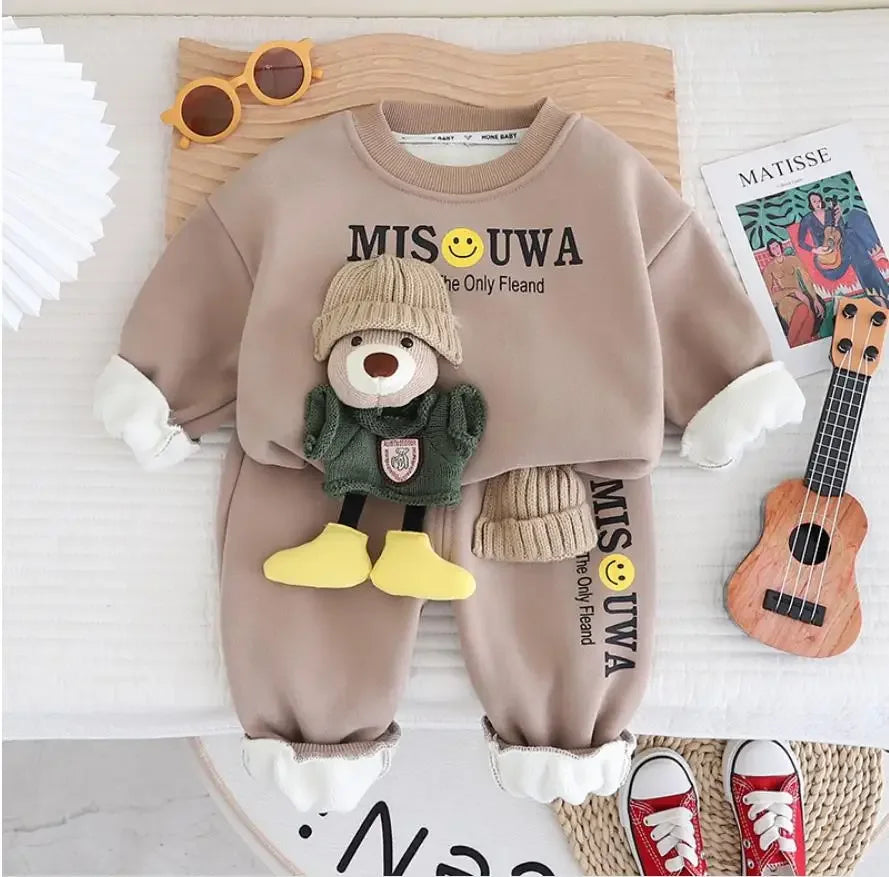 Maxy Autumn Winter Baby Outfits for Toddler Boys Girls Cartoon Bear Fleece Pullover Sweatshirt+Pants Christmas Infant Clothes Set