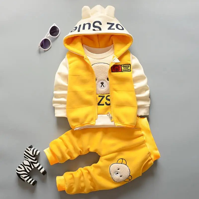 Maxy 2024 New Baby Boys Girls Christmas Cartoon Winter Hooded Plush Warm Vest Coat+Sweatshirt+Pants 3Pcs Infant Children Sports Suit