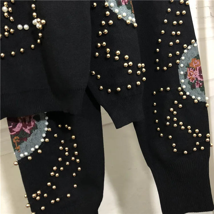 Maxy fashion brand diamond beading suits female woolen warm knit sweaters + rivet beading knit pants two pieces sets wq2384 factory