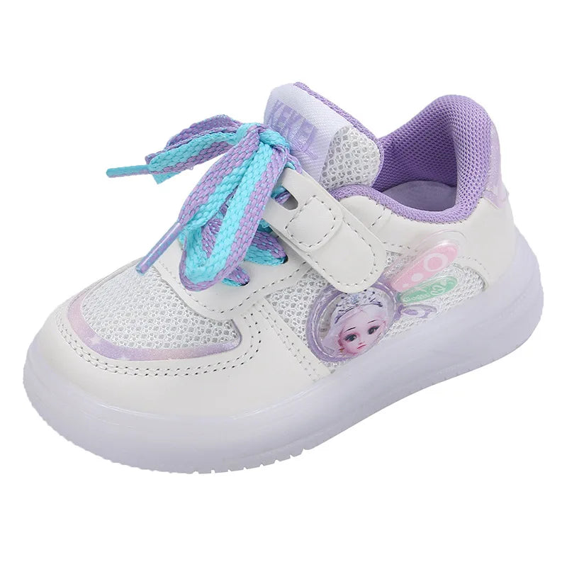 Maxy LED Kids Shoes for Girls Cute Cartoon Princess Elsa Baby Girl Kawaii Canvas Anime Shoes for Children Breathable Mesh Sneakers