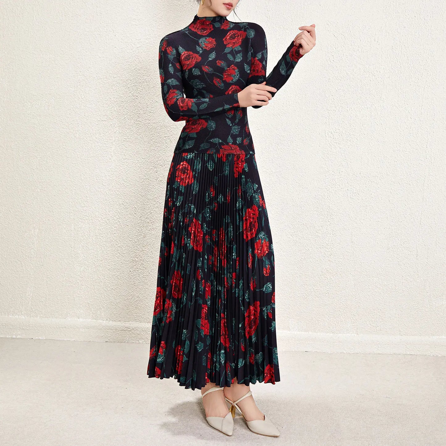 Maxy Momoka printed stretch top and long pleated skirt casual one size accept customized skirt two piece set