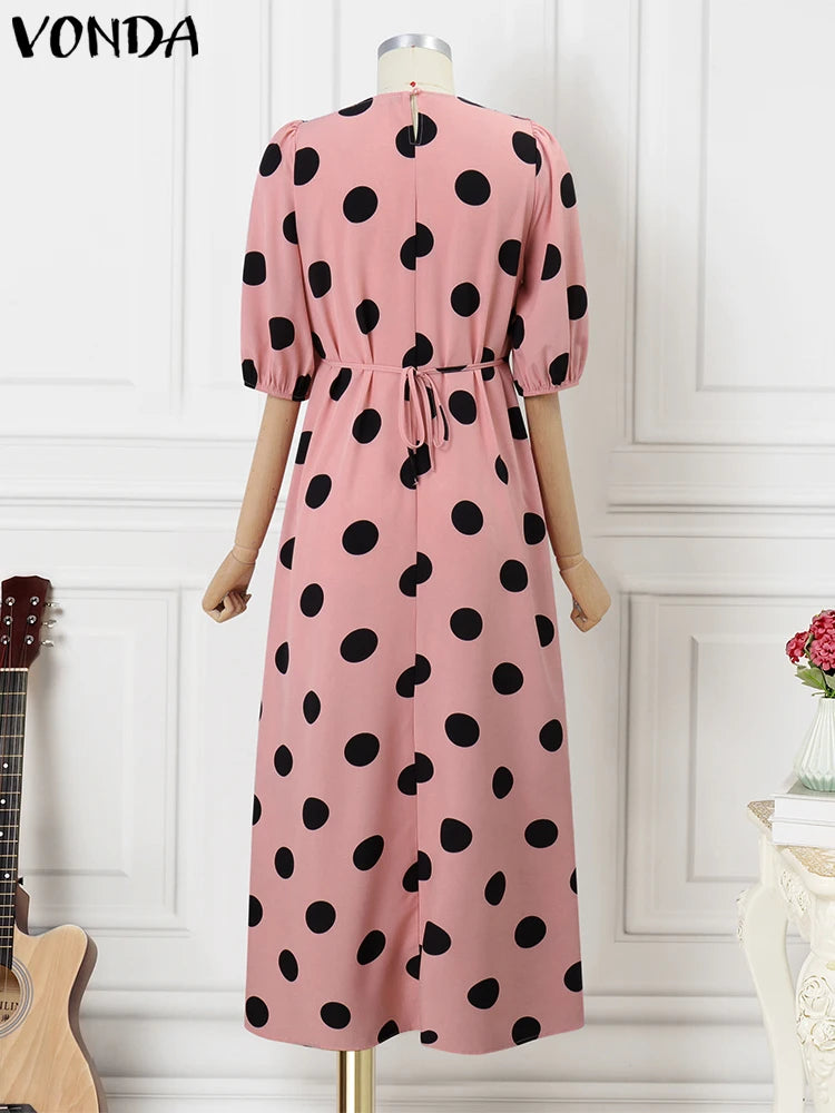 Maxy Plus Size 5XL VONDA Bohemian Dot Printed Dress Women Party Ruffled Sundress Summer V-Neck Holiday Vestido Casual Loose Robe