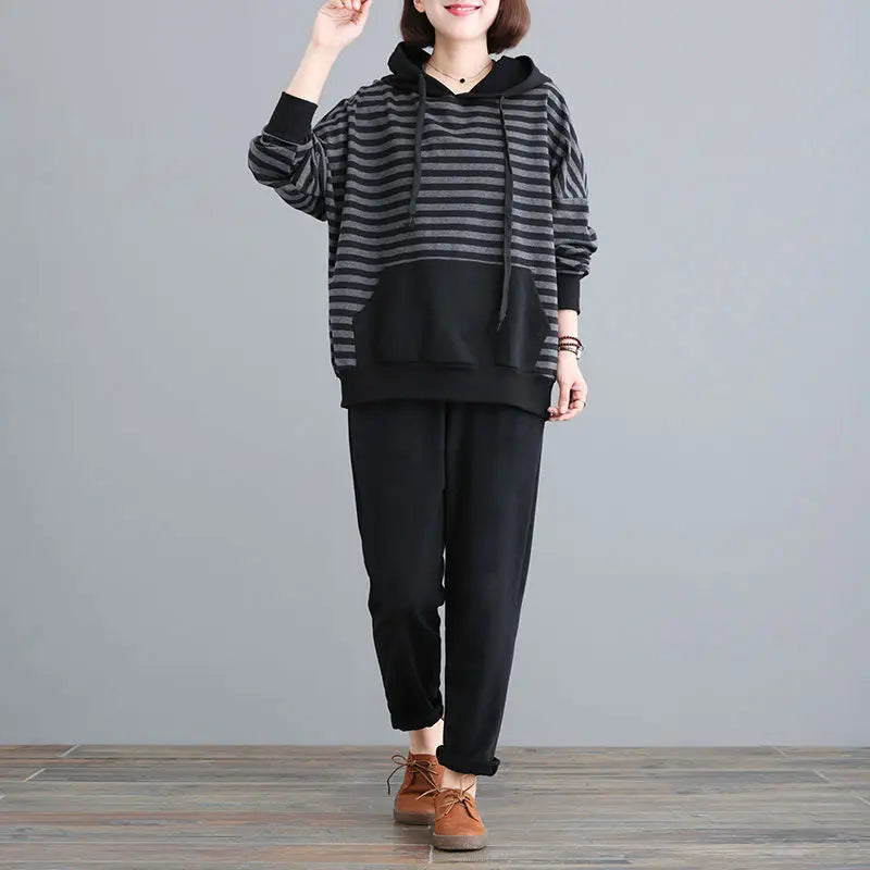Maxy Spring Casual Loose Striped Hooded 2 Piece Sets Sweatshirt And Harem Pants Tracksuit Oversized 4XL Korean Sweatsuit Women Outfit