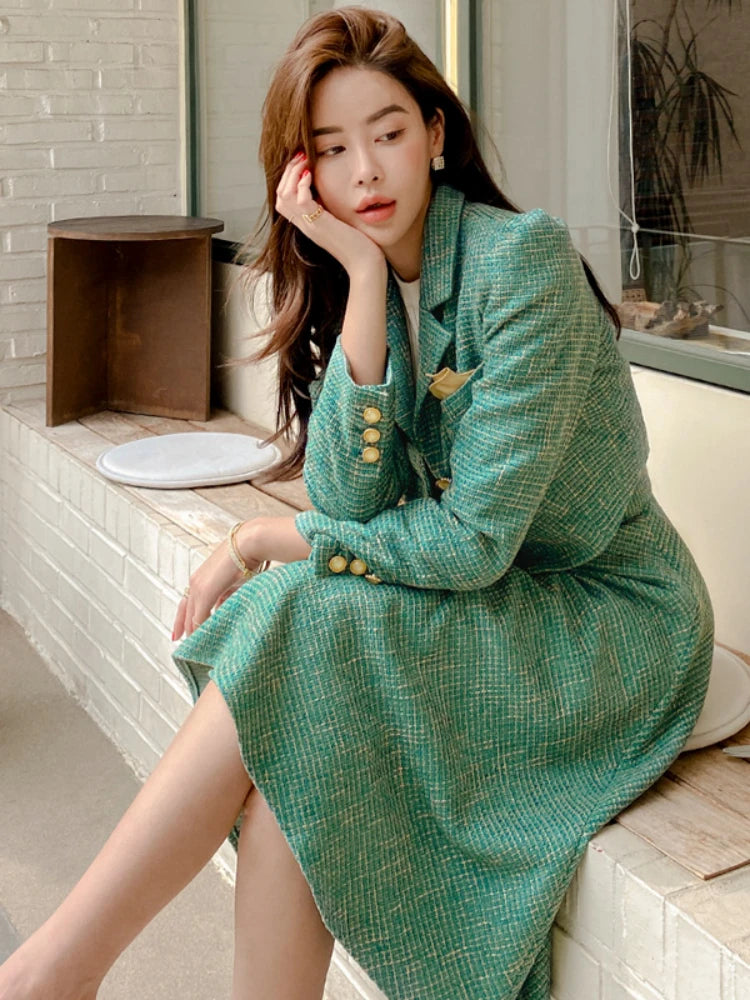 Maxy Women Two piece Set Korean Chic French Temperament V-neck Pearl Button Puff Sleeve Short Jacket + High Waist Swing Skirt Suits