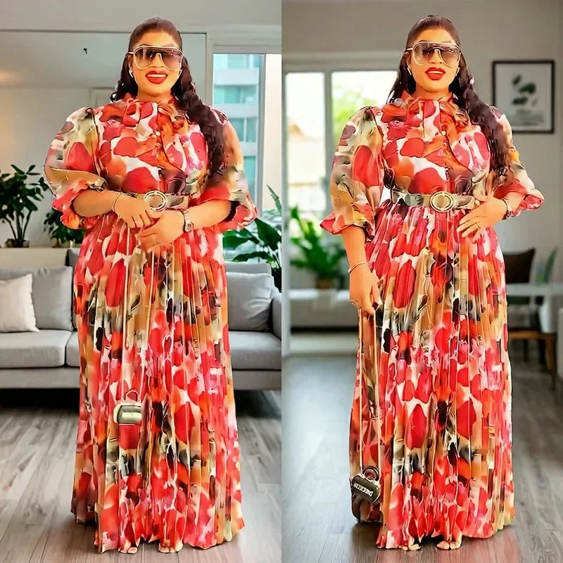 Maxy Plus Size Print Dresses Autumn Elegant 3/4 Sleeve Party Evening Long Dress Gowns Dashiki African Clothes