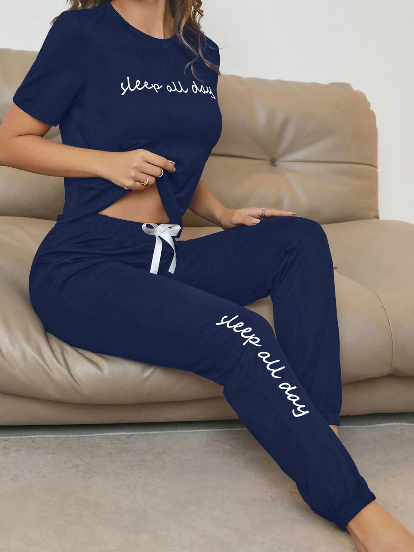 Maxy Sleep All Day Slogan Tee And Bow Front Lounge Pants Set
