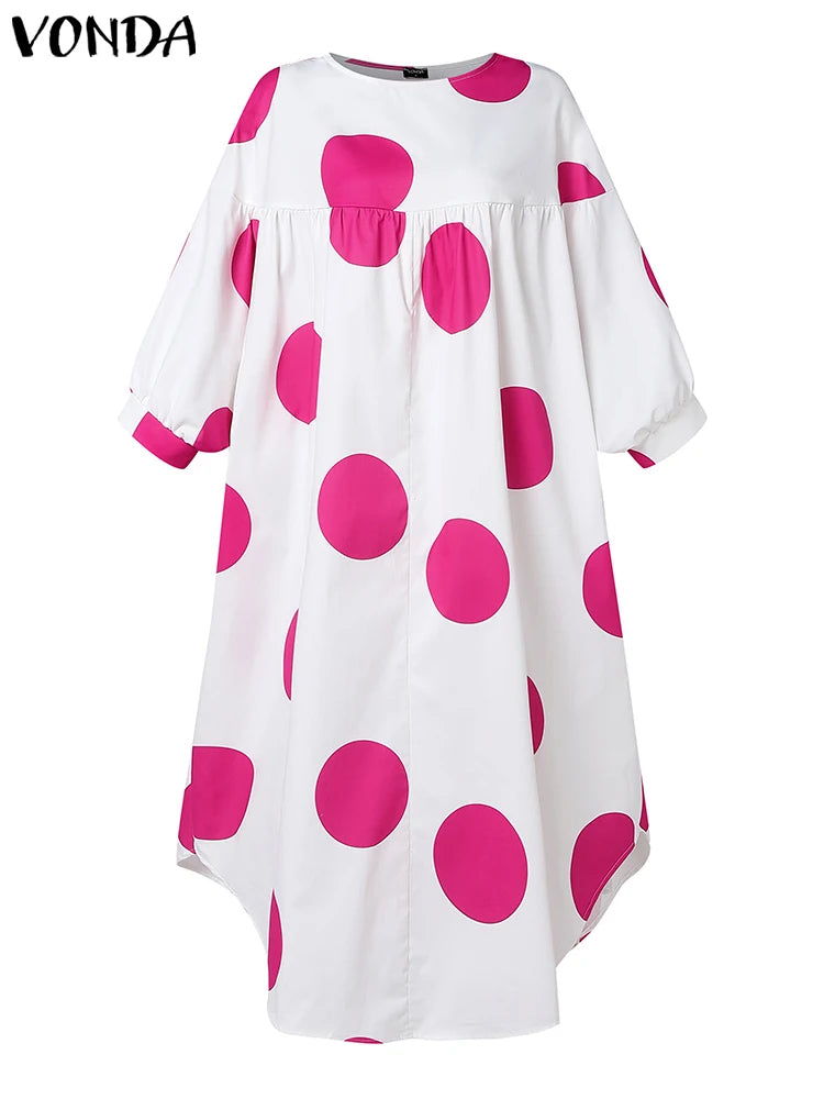 Maxy Plus Size Women Dot Printed Dress Bohemian Sundress Three Quarter Summer Party Vestidos Bat-wing Sleeve Casual Robe
