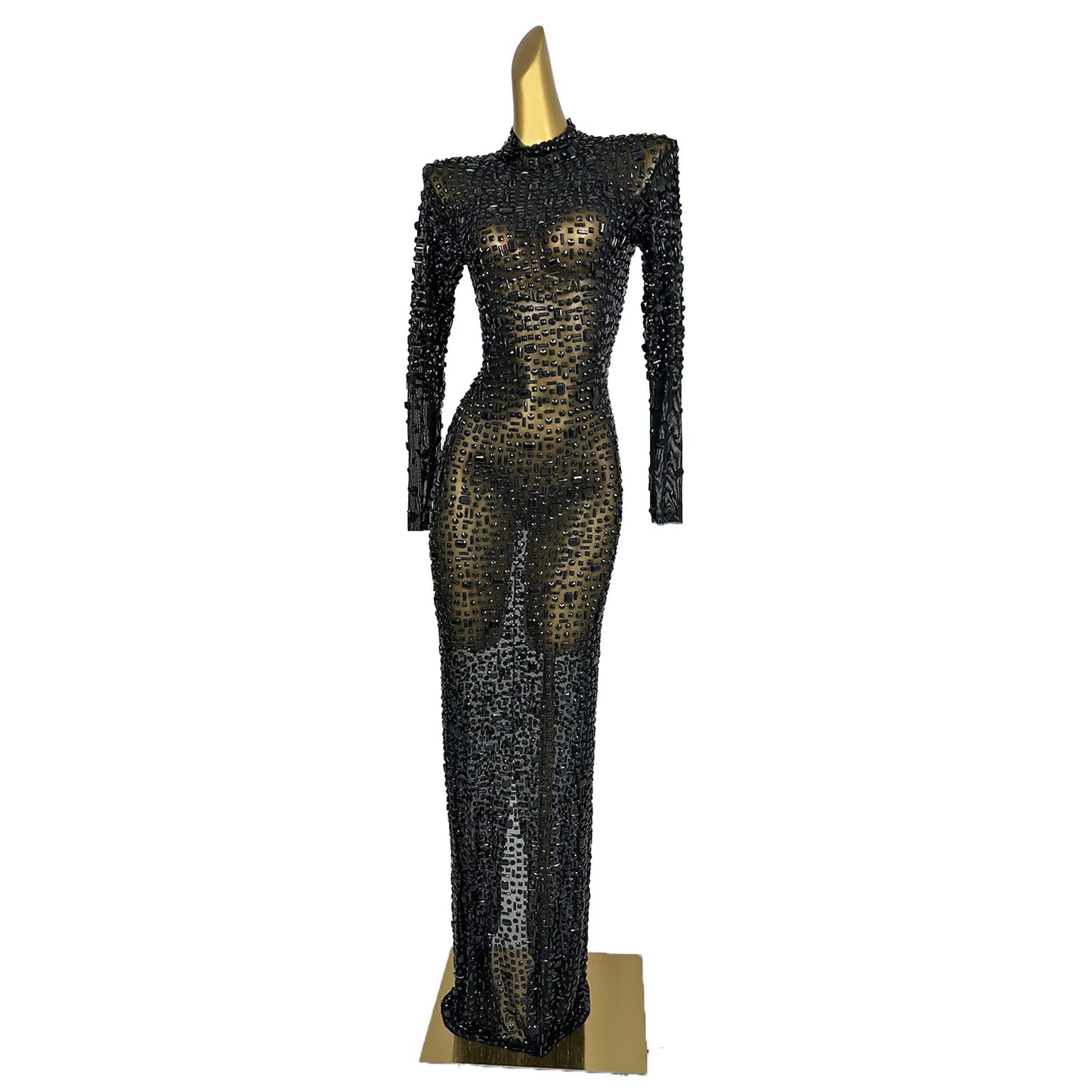 Maxy Red Diamonds Dress See Through Long Sleeve Evening Dress Festival Clothing Rhinestone Prom Gowns  Special Occasion Dress Gesebei