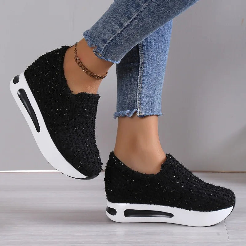 Maxy Elevated Inner Casual Sneakers Women Thick Soles Single Shoes Shallow Cut Round Toe Single Shoes Fashion Gold Riband Shoes