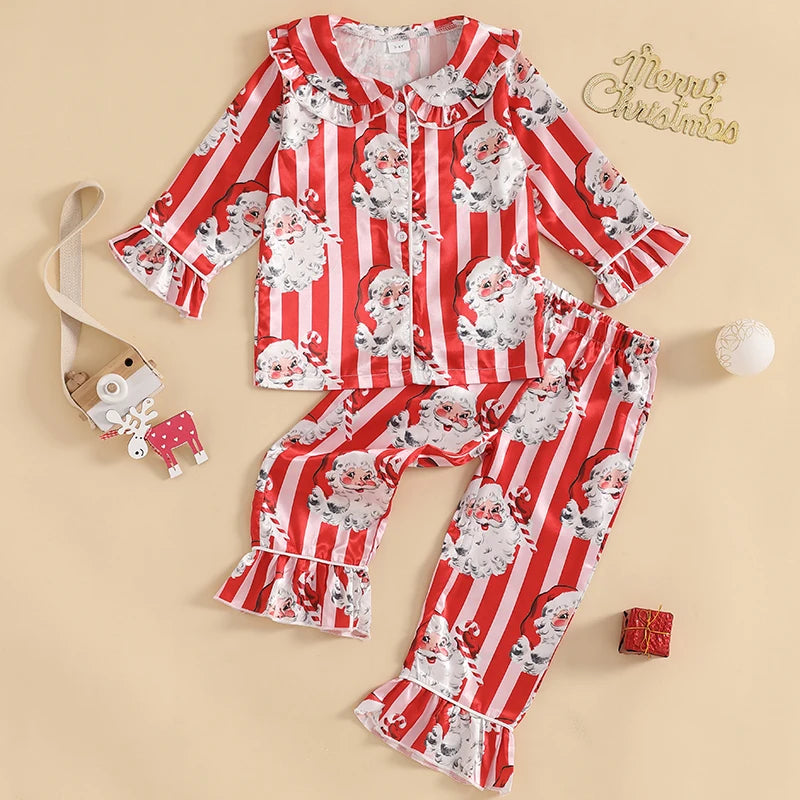 Little Girl Christmas Pajama Sets Santa Striped Doll Collar Button-up Tops Long Pant Satin 2 Pieces Ruffled Loungewear Set