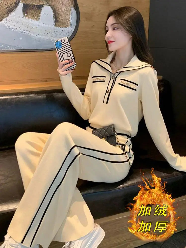 Amay Fashion Suit Women's Autumn and Winter New Style Western-style Age Reducing Navy Collar Top Long Pants Two-piece Set