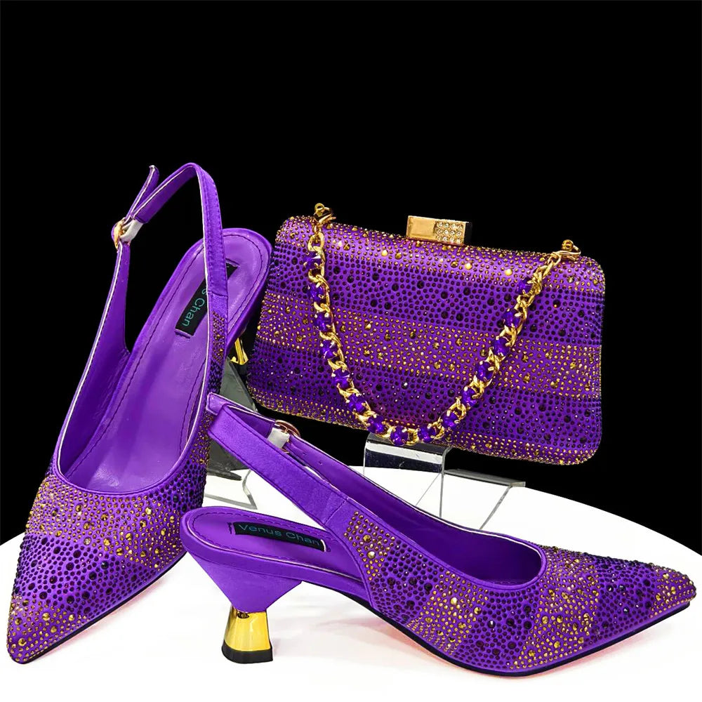 Maxy Fashion Italian Design Exquisite Beaded Flower Embellishment Golden African Women's Pointed Toe Shoes and Bags Set