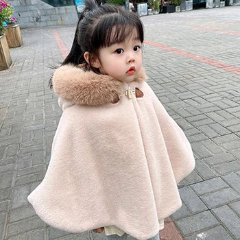 Babs Girl Cloak Faux Fur Winter Infant Toddler Child Princess Hooded Cape Fur Collar Baby Outwear Top Warm Clothes 1-7 Years Old