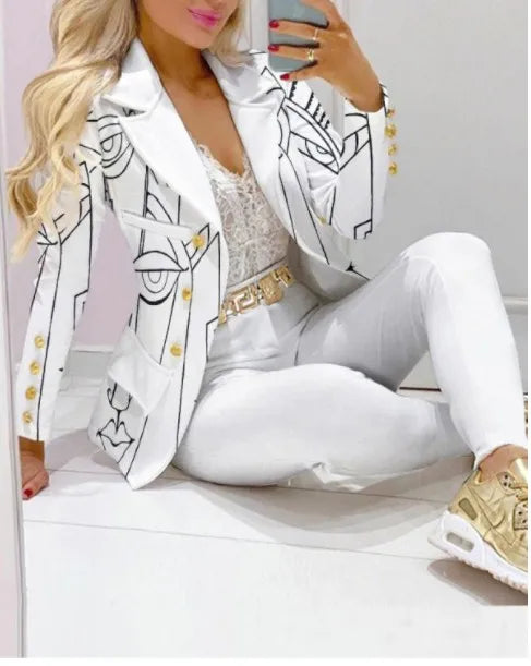 Maxy Fashion Butterfly Print Blazer Suit and Pants Two Piece Set for Women Autumn Winter Outfit Office Lady Casual Clothing