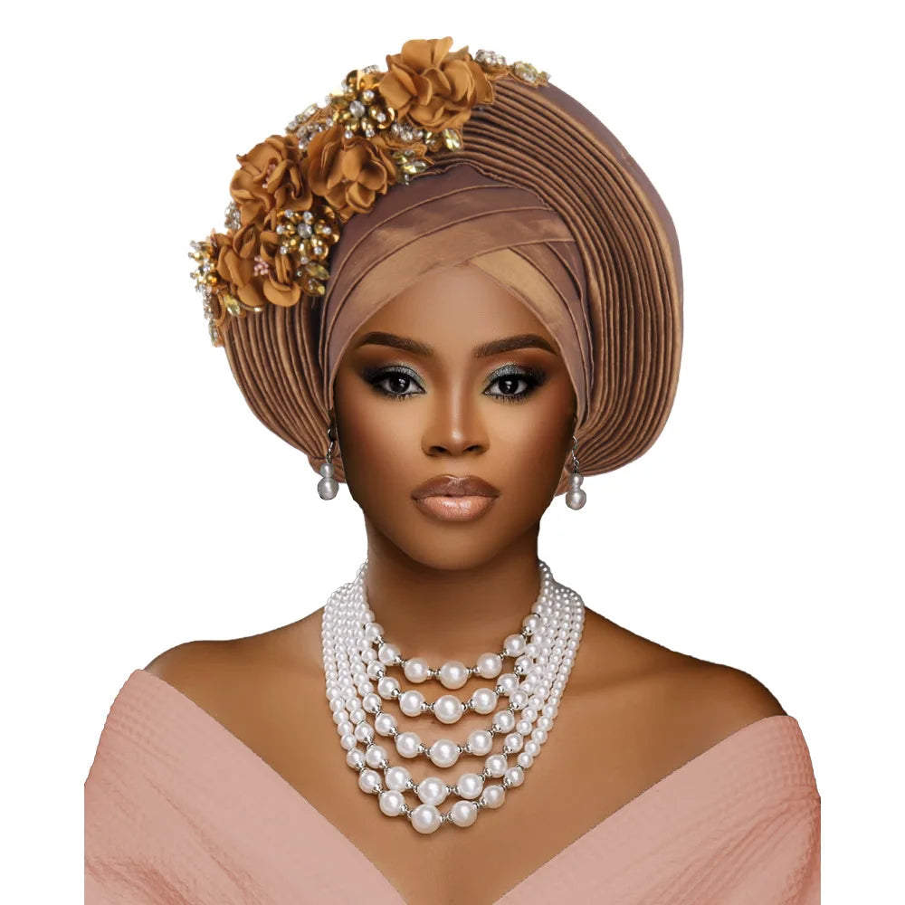 Maxy Fashion African Head tie Turban Nigeria Head Ties Flowers Already Made Auto Gele Women Head Wraps for Wedding Party Headpiece New