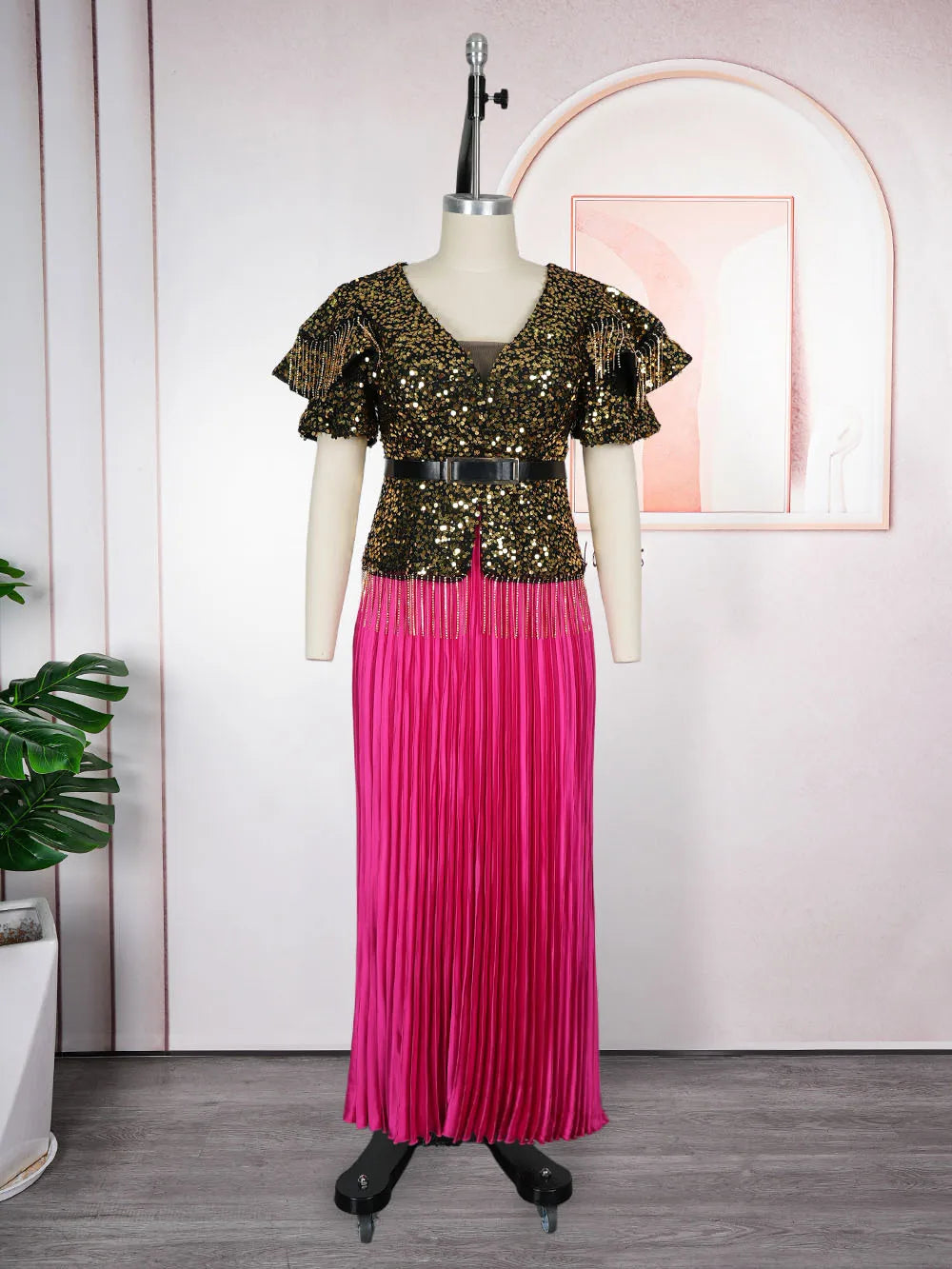 Maxy Plus Size African Women Dress Elegant Sequin Golden Dresses Evening Gown Wedding Reception Attire Dubai Party Clothes Oversize