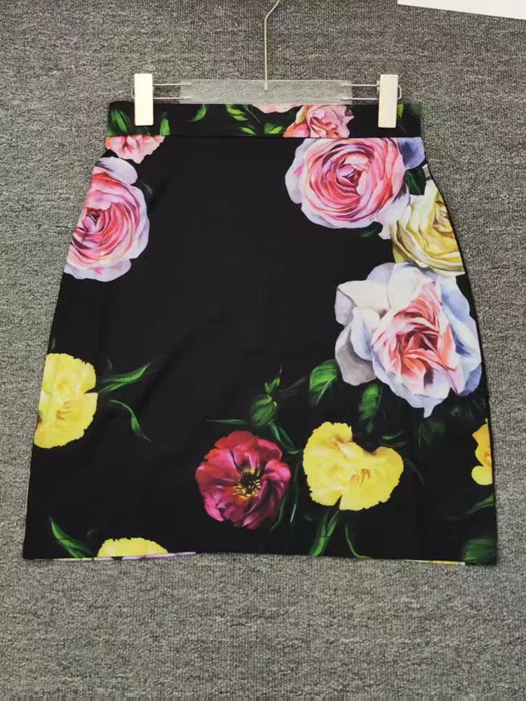 Maxy Retro flower prints long-sleeved shirt top spring/summer new+slim hip mini short skirt elegant two-piece women's suit