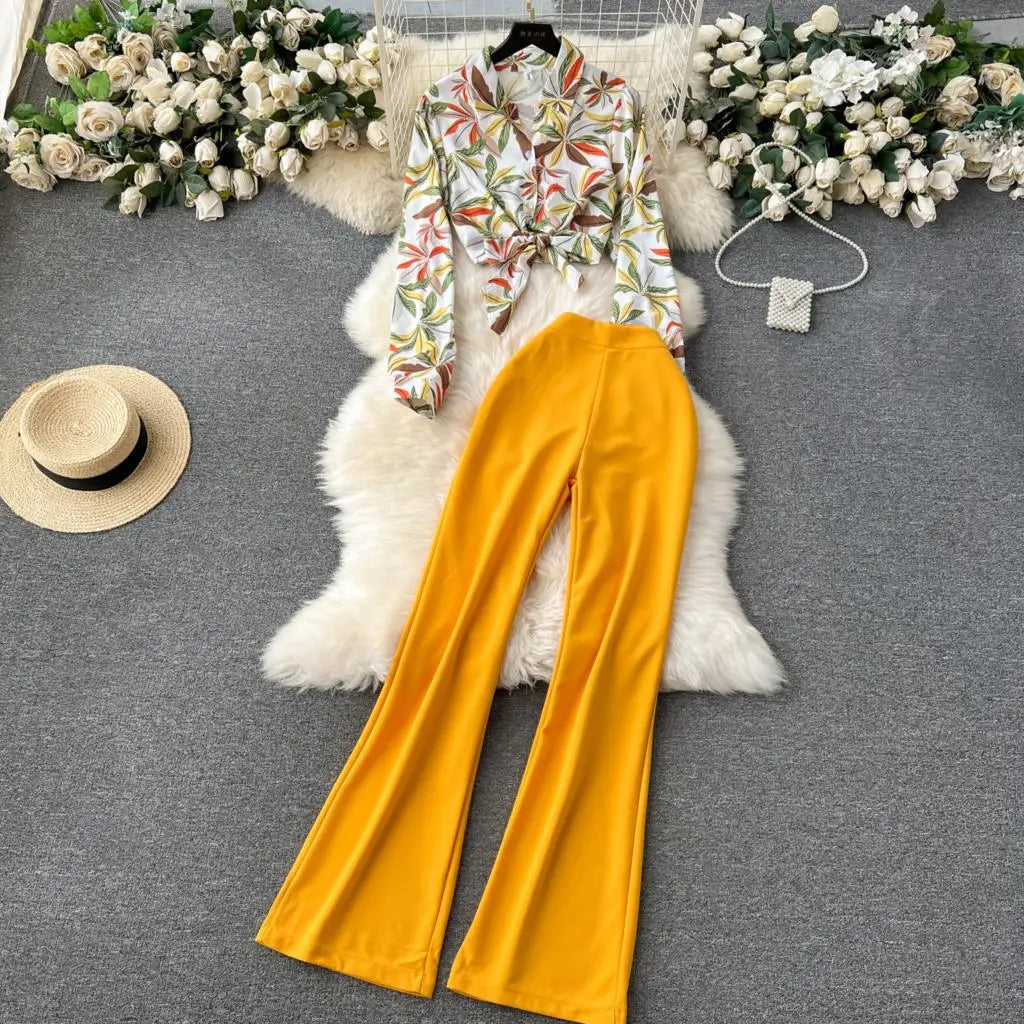 Amay Elegant Women Casual Print Pantsuits Vintage Shirts Tops High Waist Wide Leg Pants Two Pieces Set Female Party Outfits Clothes