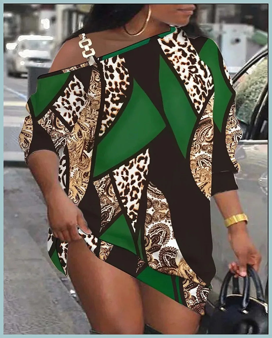 Maxy Autumn Women's Printed Mini Dress, Loose Fit Hollow Out Long Sleeve Party Club Dress