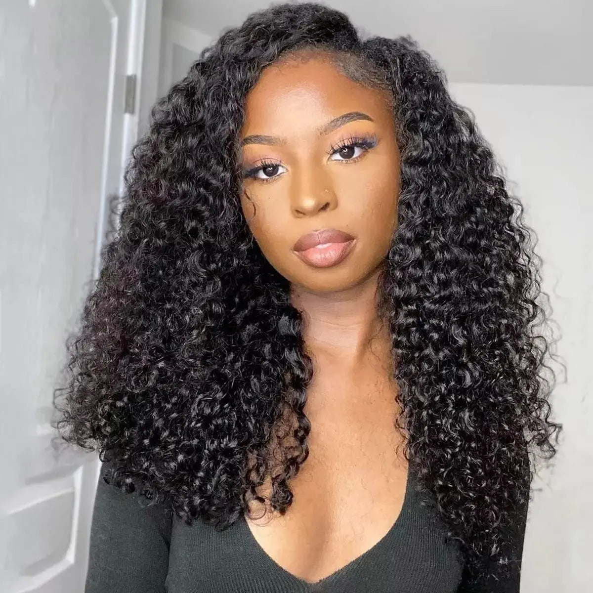 Amay V Part Wig Human Hair Curly No Leave Out V Part Wig for Black Women Kinky Curly Glueless Clip In Half Wig 180% D Natural Color
