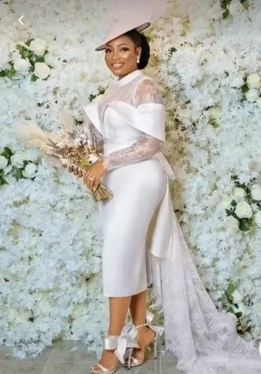 Customized New Short Wedding Dresses Mermaid Lace Long Sleeves Tea Length Satin Classic African Women Prom Bridal Party Gown