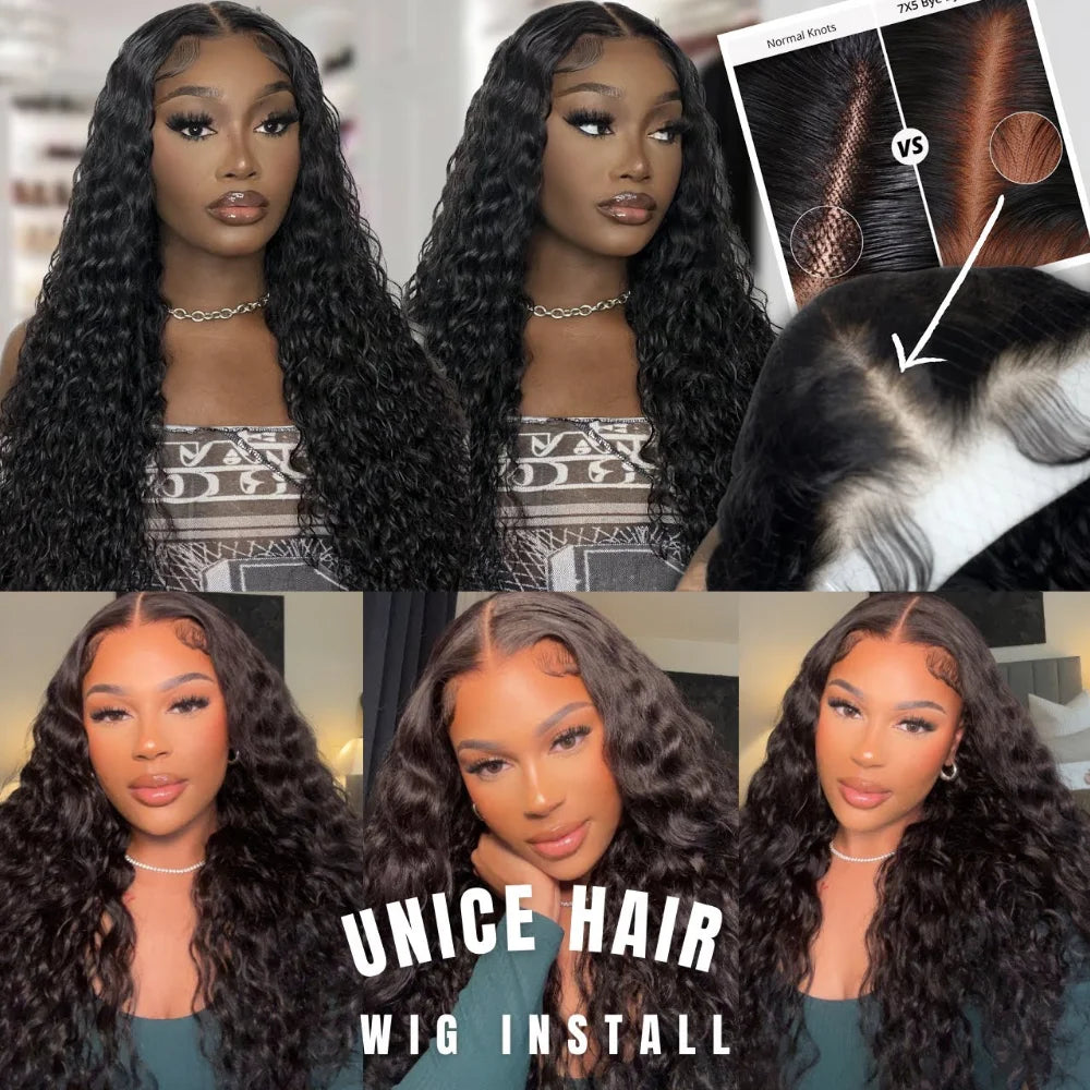 Unice Hair 7x5 Water Wave Glueless Wig Human Hair Ready To Wear Pre Cut Pre Bleached Pre Plucked Lace Front Human Hair Wig