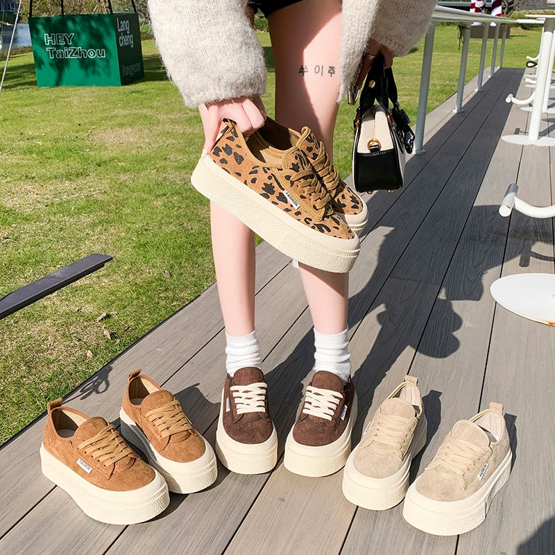 Maxy Soft Suede Leather Casual Shoes Women Sneakers Clogs Platform All-Match Spring Round Toe Cross-tied Frosted Flats Shoes Women