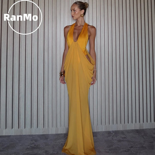 Maxy Sexy Yellow Mermaid V-Neck Dresses Formal Party Gowns for Women Simple Sleeveless Prom Gown Floor-Length Customized 2026