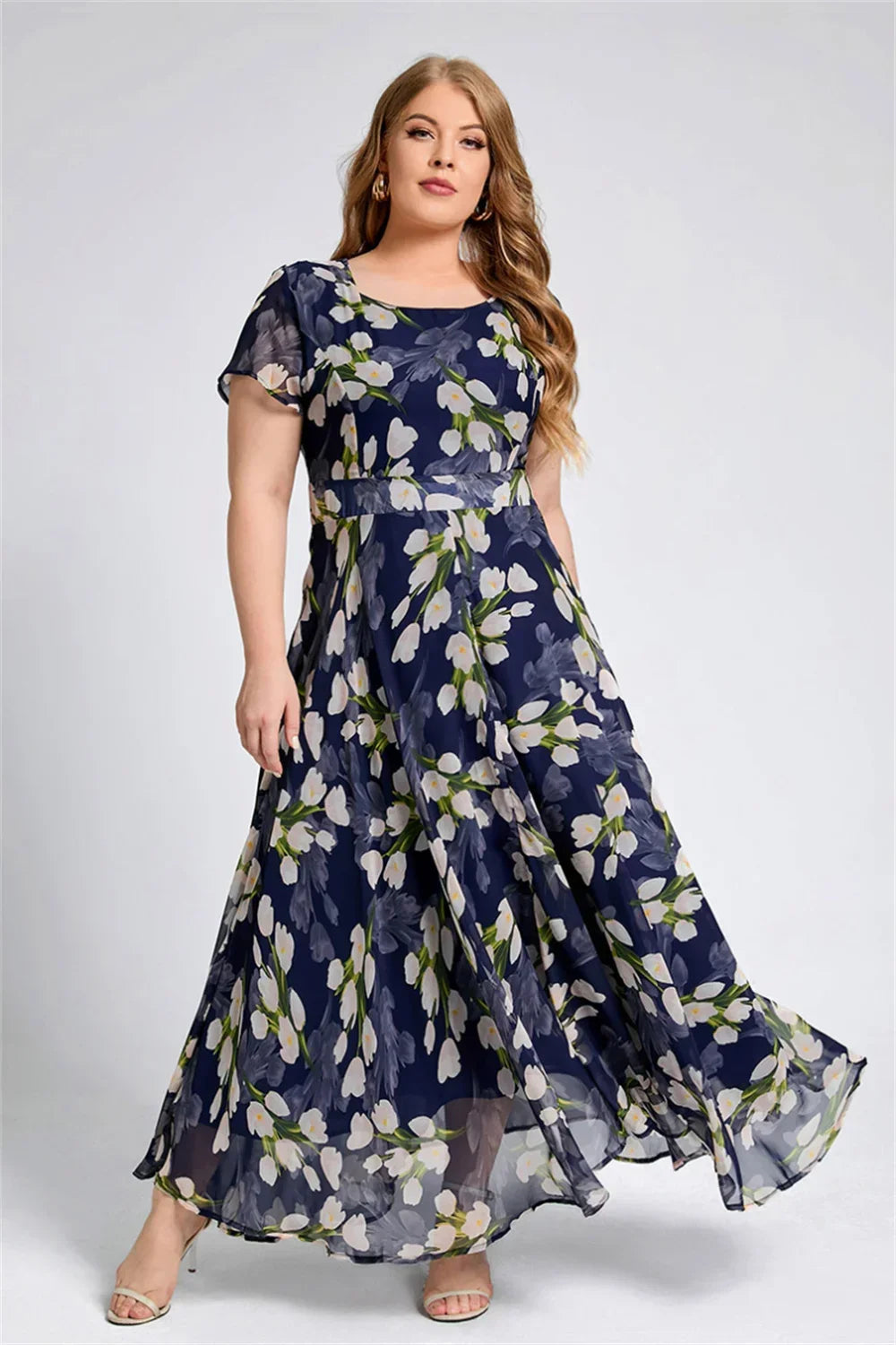 Maxy Plus Size Women Floral Printing Dress Short Sleeve Round Neck Chiffon A-line Female Elegant Fashion Summer Dresses