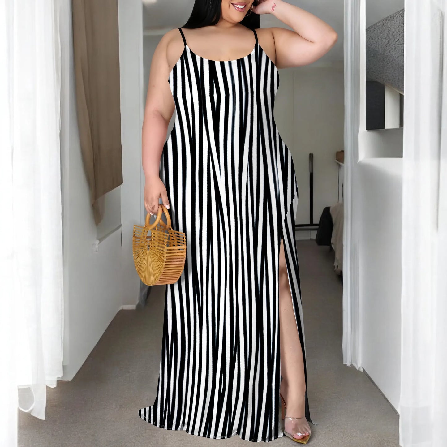 Maxy Plus Size Stripe Maxi Dress XL-6XL – Black & White Sleeveless Summer Look with Slit for Resort or Brunch 2025