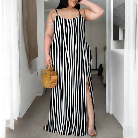 Maxy Plus Size Stripe Maxi Dress XL-6XL – Black & White Sleeveless Summer Look with Slit for Resort or Brunch 2025