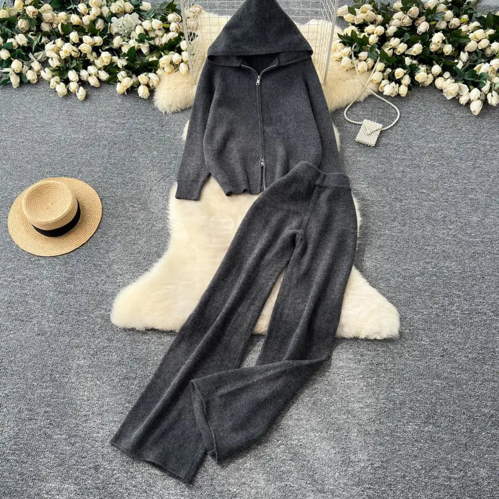 Amay Women 2 Piece Knitted Sweater Pantsuits Winter Fashion Korean Blouses Tops and Casual Pants Set Elegant Female Hoodies Outfits