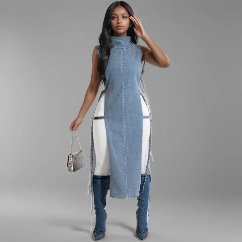 Maxy Vintage Fashion Women's Hollow Out Bandage Design Denim Dress Autumn Stand Collar Sleeveless Dresses Female 1LS029