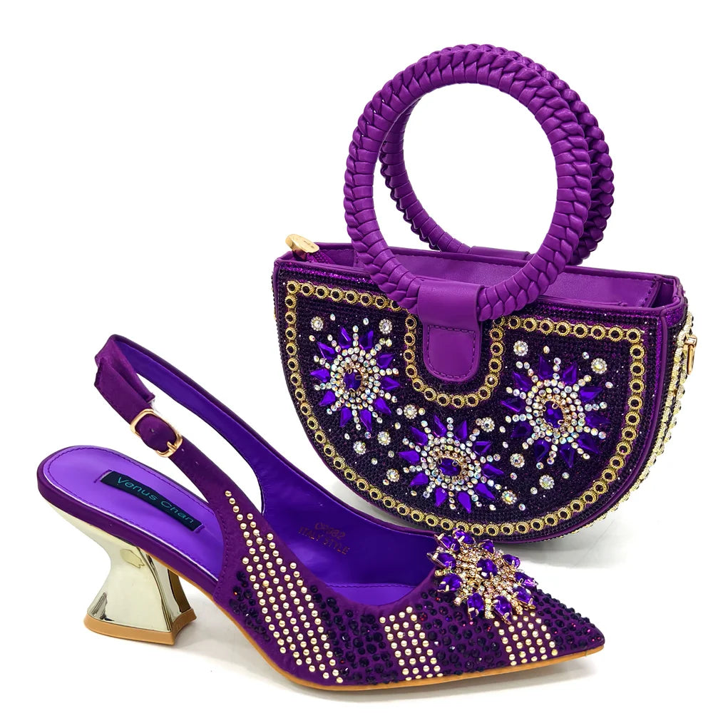 Visco Italian Design Fashion Luxury Women's Shoes and Purse Full Diamond Decoration Big Capacity Hand Bag