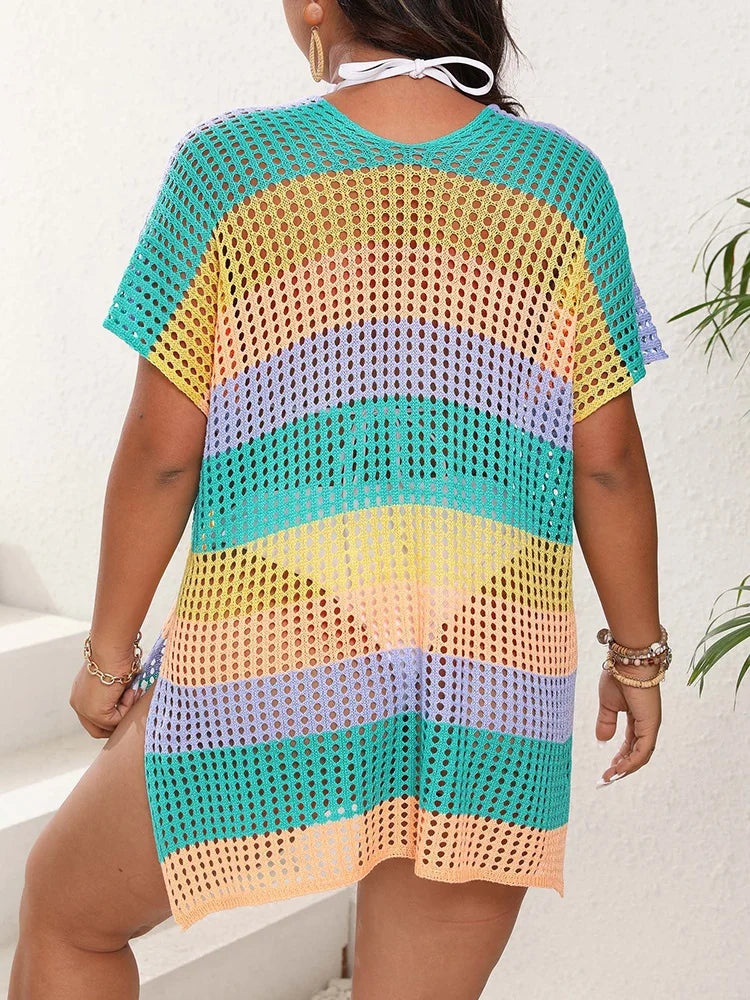 Maxy Plus Size Women's Holiday Bikini Cover Up Hollow Out V-Neck Short Sleeve Beach Tunic Striped Knit Split Beachwear Dress