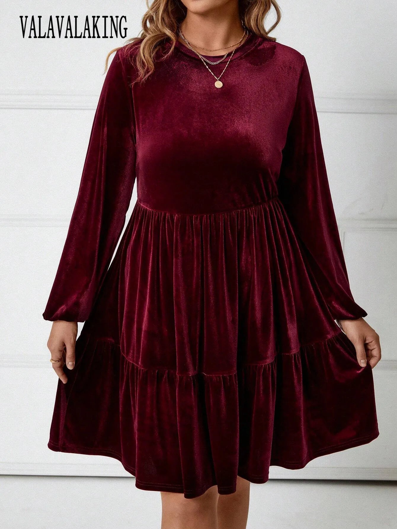 Maxy Winter Wine Red Velvet Plus Size Dress Women O-Neck Long Sleeve Mini Dress Ladies Elegant Pleated Short Evening Party Dress