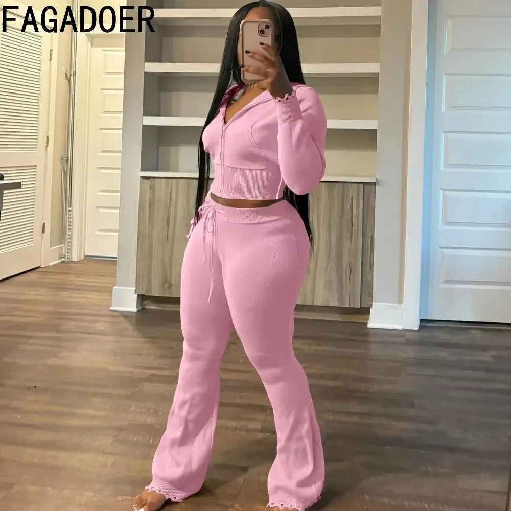 Maxy FAGADOER Casual Knitting 2 Piece Sets Women Outfit Solid Color Zip Crop Hooded Top + Flare Pants Suits Female Streetwear
