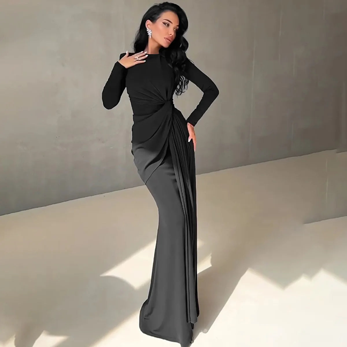 Maxy Ladies Elegant Evening Party Dress Women Long Sleeve O-Neck Ruched Fashion Long Dresses Woman Night Club Streetwear Fall Outfit