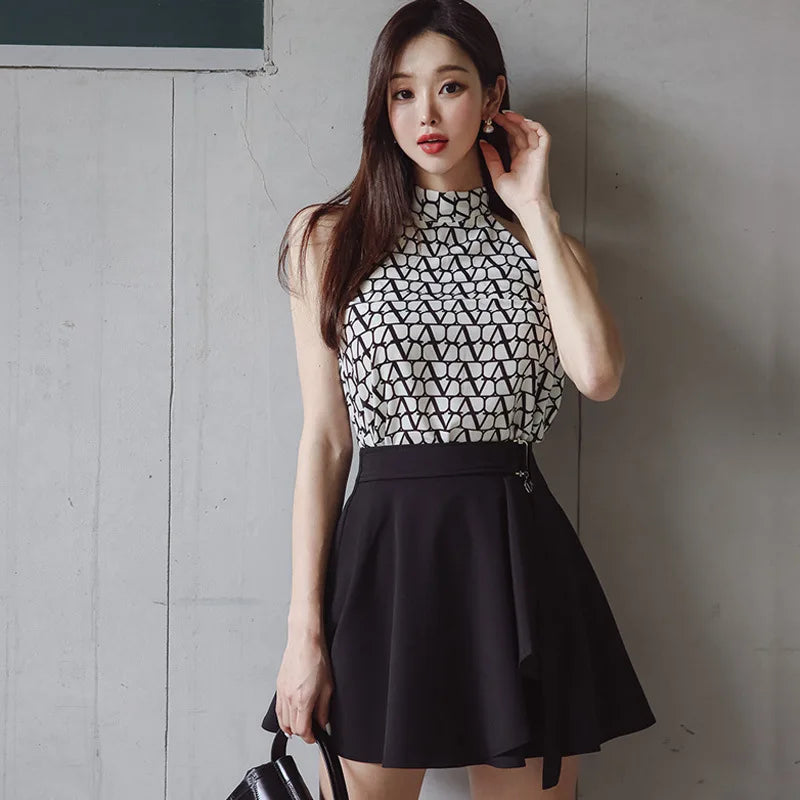 Summer Elegant Women's Outfit Casual Suit Hanging Collar Printed Top+High Waist Ruffle Edge Short Half Skirt Set of Two-piece